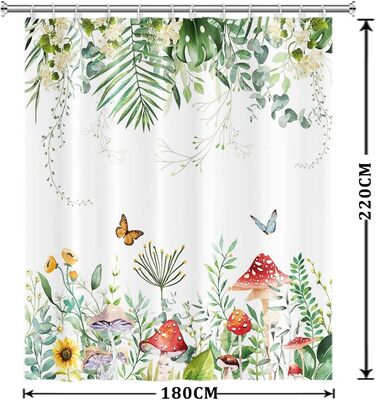 Штора для душу 180x220 см, Антигрибкова, з тропічним дизайном (пальмові листя, евкаліпт, гриби), водонепроникна, поліестер, для ванної кімнати, з 12 гачками, зелена