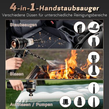 Акумуляторний ручний пилосос 4-в-1 для авто та дому, безщітковий двигун 22000Па, 3 режими потужності, 180000 об/хв, для шерсті тварин (Чорний)