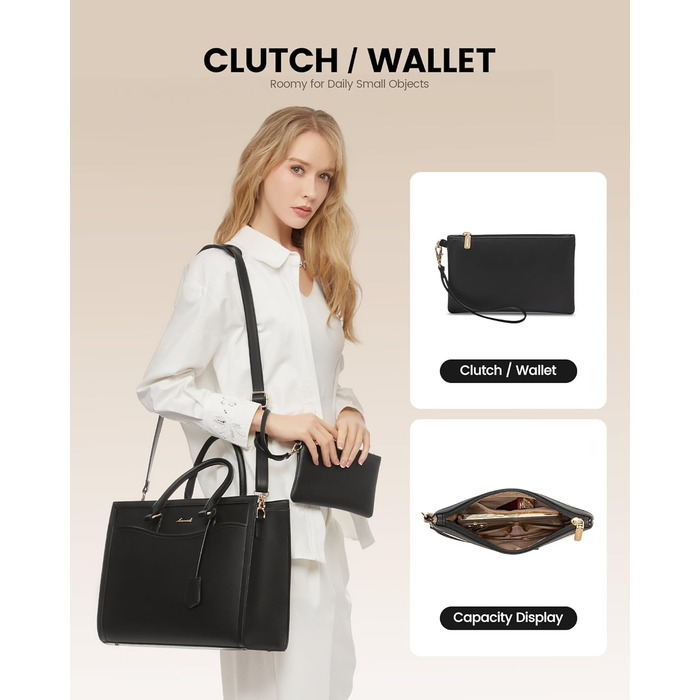 LOVEVOOK Сумка для ноутбука 15.6 дюймів, жіноча, велика, з PU-шкіри, для роботи, навчання, універсальна, чорна