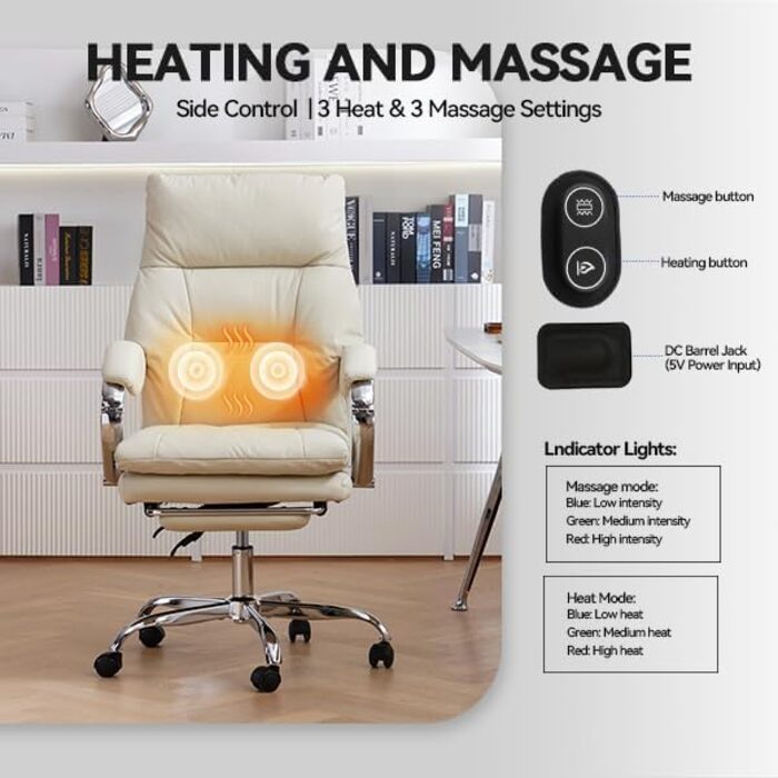 Крісло офісне EMIAH з підніжкою, комфортне крісло для роботи з підлокітниками, ергономічний крісло для начальника з PU шкіри та роликами, ігрове крісло з потовщеною подушкою, без функції масажу (Бежевий)