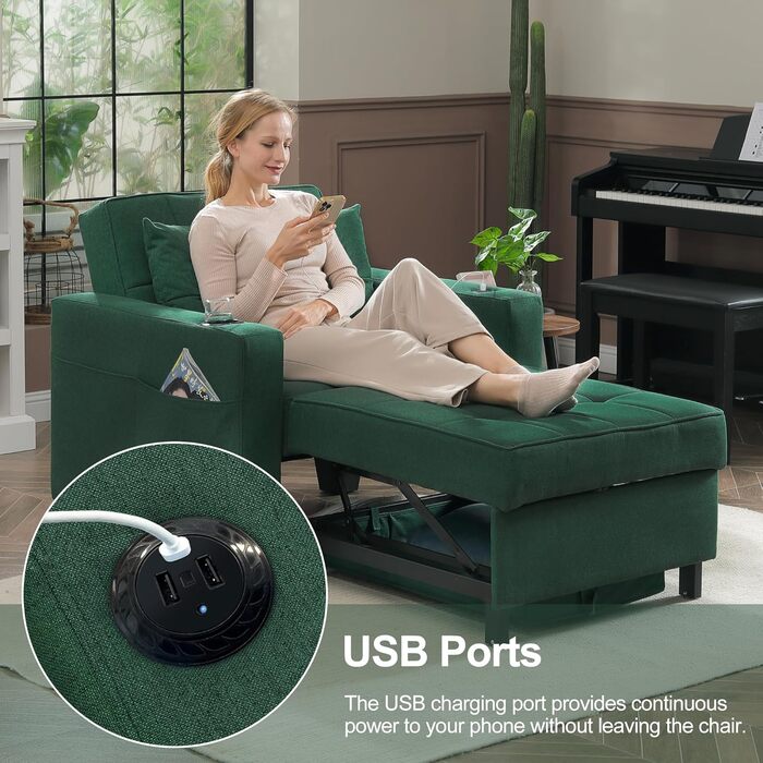 DURASPACE крісло-ліжко 3-в-1 99 см, розкладне, з USB, кишенею та підсклянником, для малих кімнат, зелений
