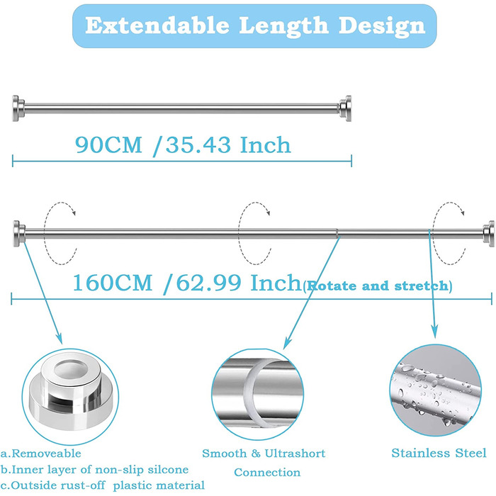 Стрижень для душу з нержавіючої сталі, , без свердління, для завіси для душу, висувний стрижень, завіса для душу для душу, ванни, вікна ванної кімнати, 70-120 см новий дизайн (чисте срібло, 90-160 см () 22 мм)
