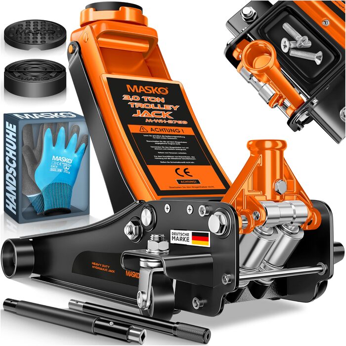 Гідравлічний домкрат MASKO 3T з низьким профілем (85-460 мм), 3 гумові накладки, для автомобілів SUV, 360° колеса, рукавички в комплекті. Підйомник-опора до 3 тонн (Помаранчевий)