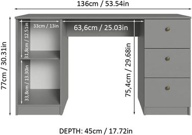 Письмовий стіл Madesa Modern, комп'ютерний стіл з 3 шухлядами та 1 дверцятами, 136 x 45 x 77 см, дерев'яний - сірий
