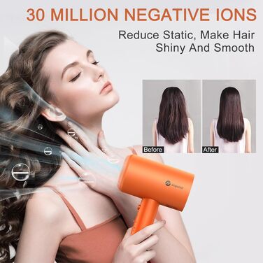 Іонний фен для волосся Slopehill 1800W для швидкого сушіння, професійний салонний фен з 3 насадками (концентратори та дифузор), 3 режимами температури та 2 швидкостями, помаранчевий