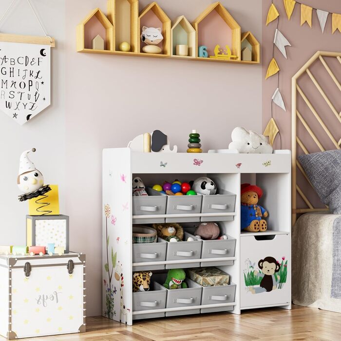 Дитяча полиця для іграшок HOCSOK з 9 ящиками, органайзер для іграшок, великий об'єм зберігання, книжкова полиця для дитячої кімнати, дерево, білий, 90 x 80 x 29,5 см