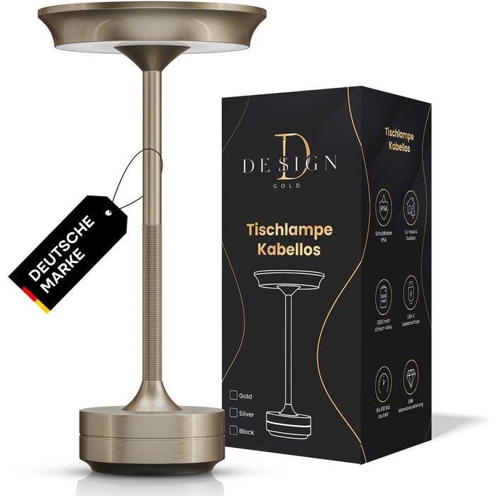 LED настільна лампа Designgold бездротова з акумулятором - стильний дизайн, 3 кольори світла, регулювання яскравості, для дому та на вулицю, срібна