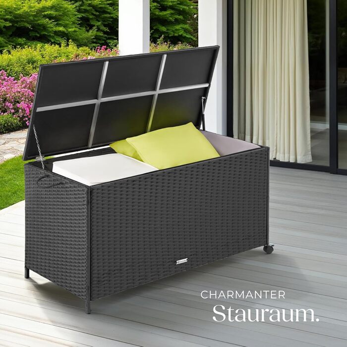 Скриня для саду Tectake з ротангу, чорна, 297л, водонепроникна, на колесах, для тераси та балкону 117x54x64 см