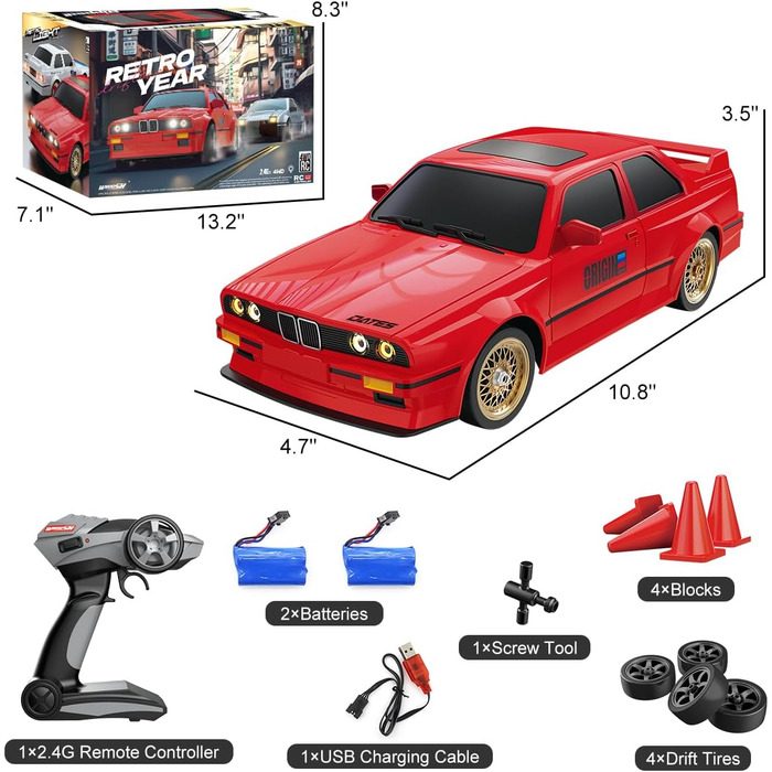 RC Автомобіль для дівчаток 1:16, Дрифт-кар зі світлодіодами 2.4GHz 4WD, Швидкість 30км/год, RTR, 2 акумулятори та дрифт-шини