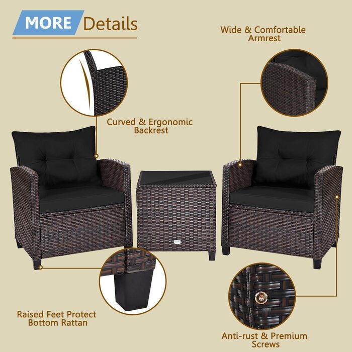 Набір садових меблів LIFEZEAL 3 предмети: 2 крісла та стіл з ротангу PE, чорний. Садовий комплект для тераси, балкона, саду з подушками