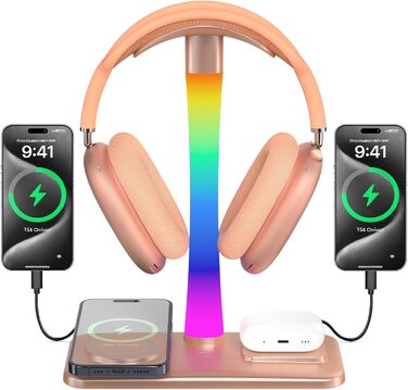 Підставка для навушників з бездротовим зарядним пристроєм, RGB-підсвічування, сумісна з AirPods Max, iPhone, Samsung, ідеальний подарунок для геймерів (Золото)