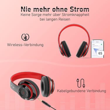 Накладні Bluetooth-навушники Lankey Sound, 6 режимів еквалайзера, 65 годин, HD-мікрофон, FM, SD/TF, Чорний Червоний