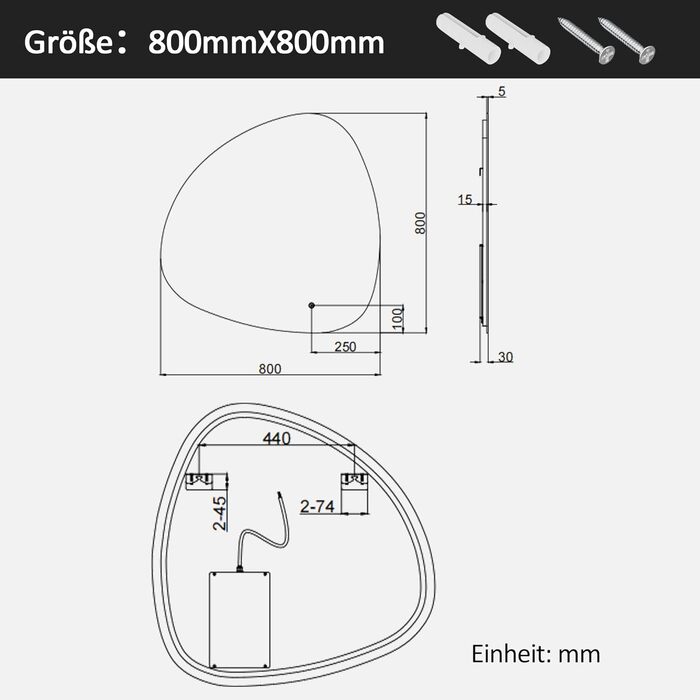 Асиметричне дзеркало для ванної кімнати Boromal з підсвічуванням 80x80 см LED, сенсорне керування, 3 кольори світла, регулювання яскравості