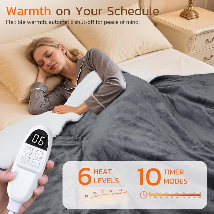 Електрична ковдра PRANITE 180x130 см з Sherpa та Flanell, 6 режимів нагріву, таймер 10 годин, автовимкнення, захист від перегріву, пральна - сіра для ліжка та дивана 130 x 180 см