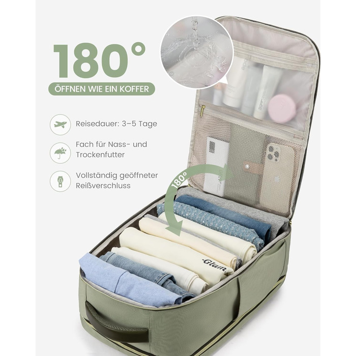 LOVEVOOK Рюкзак ручної поклажі, 40L, для подорожей, дамський, водонепроникний, для ноутбука 17 дюймів, кофр-рюкзак, для роботи, ділових поїздок, Weekender, оливково-зелений, світло-бежевий, оливково-зелений