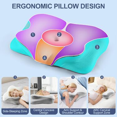 Ортопедична подушка для шиї Donama з memory foam, для сну та зняття болю в шиї та плечах, ергономічна подушка для сну на боці, спині та животі, білий/сірий колір, розмір 61x39x12 см