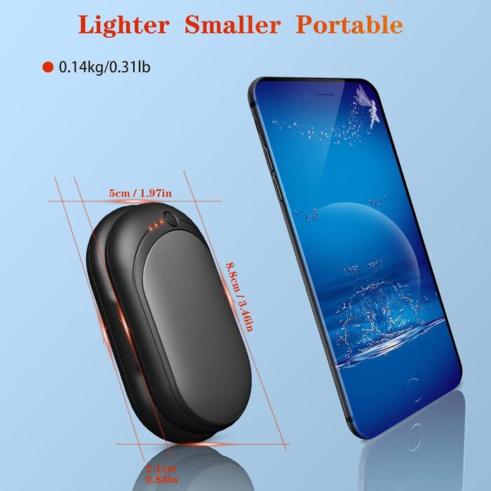 Електричний грієчка для рук, перезарядна, 2 шт. з акумулятором 6000mAh, USB-кабель, 3 режими нагріву, 20 годин тепла, перезарядна кишенькова пічка для активного відпочинку взимку (чорний, сірий)