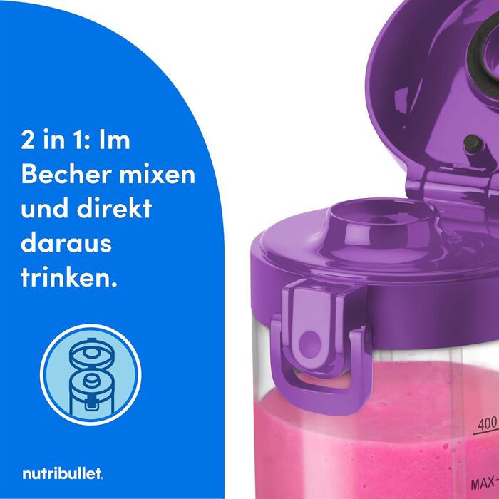 Ручний блендер nutribullet, 475 мл без бісфенолу А, портативний багатофункціональний блендер, USB-C, фіолетовий, NBP003PU