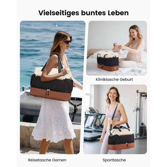 Сумка-валіза LOVEVOOK для жінок, легка дорожня сумка-шопер, дорожня сумка-мішок для авіаперельотів, водонепроникна сумка для клініки, пологового будинку, спортивна сумка з відділенням для взуття, (Бежевий+чорний+коричневий, L-37L)