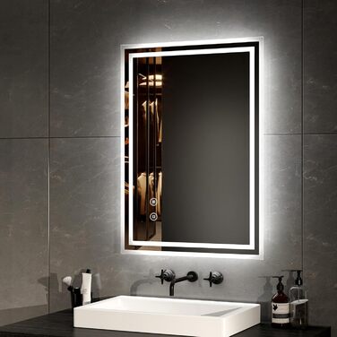 Дзеркало для ванної кімнати EMKE з підсвічуванням 50x60 см, з антизапарюванням, 2 кольори світла (тепле/холодне), LED, сенсорне управління