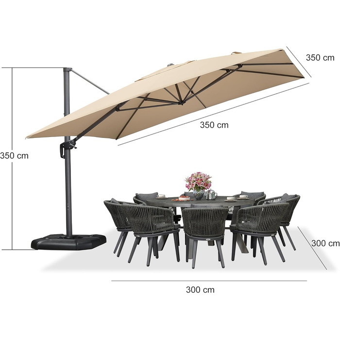 Парасолька від сонця PURPLE LEAF 350x350 см, велика садова парасолька-амбрела з рукою-користувачем, поворотом на 360° та хрестовиною, бежева, для тераси та балкона