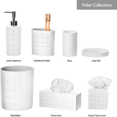Набір аксесуарів для ванної кімнати, 6 предметів: дозатор для мила, тримач для зубних щіток, стакан, мильниця, тканинна накладка та сміттєвий бак. Сучасний дизайн