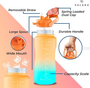 Пляшка для пиття SOLARA з соломкою / пляшка для пиття об'ємом 1 л з позначкою часу / пляшка для води Трітан об'ємом 1 л з позначкою часу герметична пляшка для води об'ємом 1000 мл з соломинкою, що не містить бісфенолу А (помаранчевий бірюзовий, 2 літри)