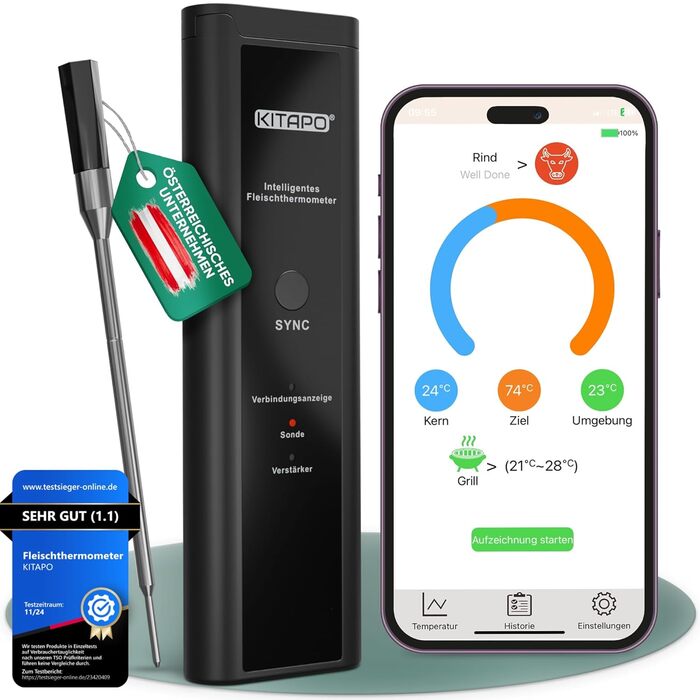 Бездротовий термометр для м'яса з додатком, термометр для гриля, розумний термометр для приготування їжі на кухні та грилі, велика дальність, стійкість до високих температур до 300°C, термометр для приготування, кухонний термометр