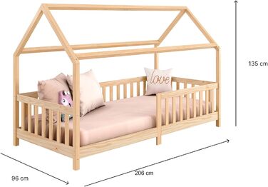 Ліжко для дому IDIMEX NINA з масиву сосни в красивому ліжку Монтессорі 90 х 200, симпатичне індійське ліжко з дахом (натуральне)