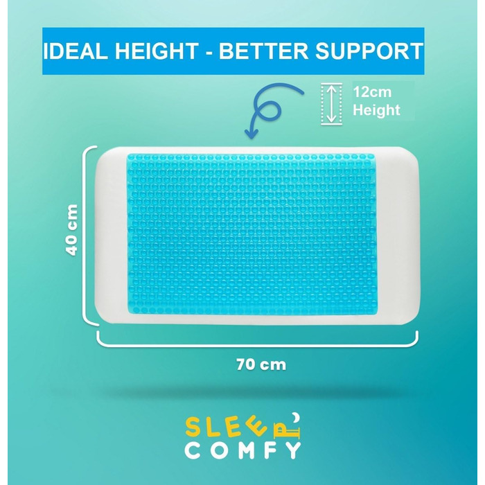 Преміум подушка для сну Comfy з гелевим ефектом та піною з пам'яті. Оптимальна підтримка для тих, хто спить на боці, спині. Розмір 60x40x14/12 см. Гелевий охолоджуючий ефект, знімний чохол. Ортопедична подушка для комфортного сну.