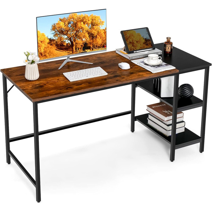 Письмовий стіл COSTWAY довжиною 140 см, комп'ютерний стіл з полицями, офісний стіл зі з'єднувальною пластиною, великий стіл для ПК Робочий стіл для офісу, дім чорний і сільський коричневий