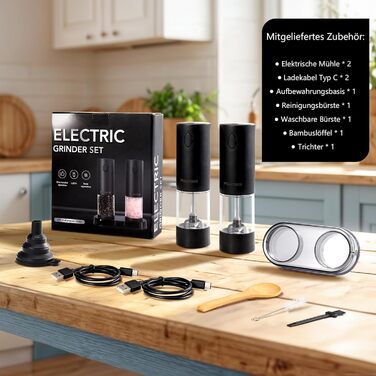 Електричні мельниці для солі та перцю 2 шт. з USB-C зарядкою, 100 мл, 6 ступенів помелу, для зручного використання однією рукою, з LED-підсвічуванням, керамічний жорно, для спецій