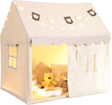 Дитячий намет Mamizо з килимком, прапорцями та світлом, зручний та дихаючий. Ігровий будиночок для дітей, намет для хлопчиків та дівчаток, 125x90x123 см, бежевий колір.