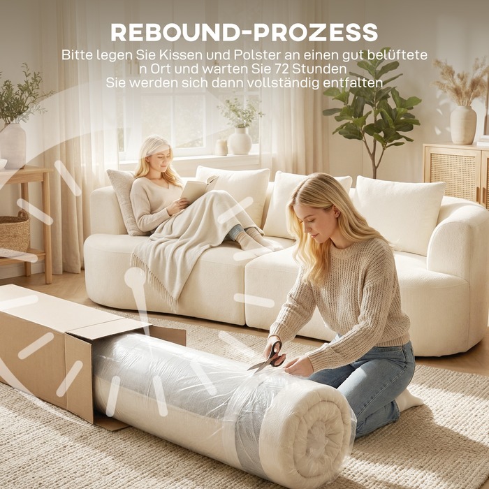 Диван на 3 особи, 260 см, з велюровою оббивкою, широким сидінням, пружинним блоком та високоеластичним пінополіуретаном, 3 подушки, кремовий