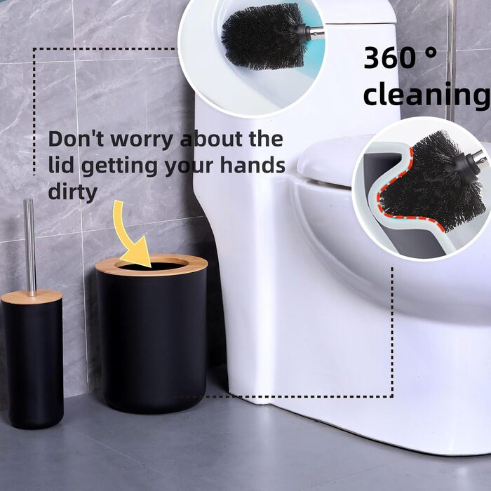 Набір аксесуарів для ванної кімнати, 9 шт., бамбук, матовий чорний: смітник, дозатор мила, тримач для зубних щіток, щітка для унітазу, контейнер для ватних паличок, підставка для косметики, мильниця