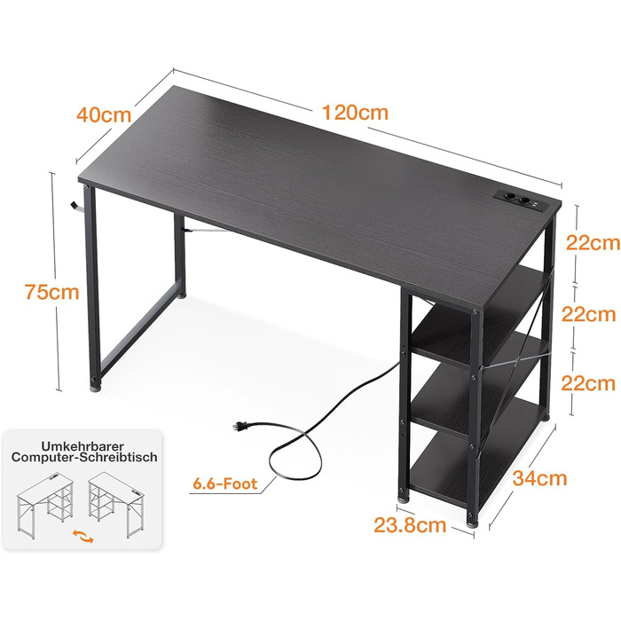 Письмовий стіл ODK 120x40x75см, Комп'ютерний стіл з 3 розетками, USB & Type C, полиця, чорний