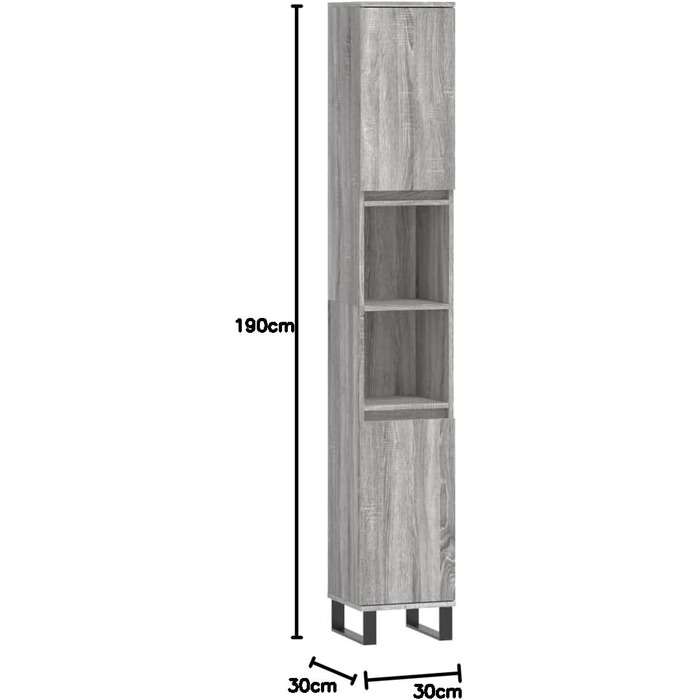 Тумба для ванної кімнати, Висока шафа з залізними ніжками, багато місця для зберігання, інженерне дерево (сіра сонома)