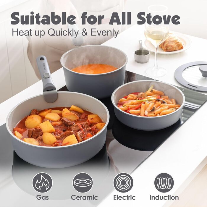 Набір каструль SENSARTE з керамічним покриттям (17 предметів), антипригарне, для всіх плит, безпечне, сумісне з посудомийною машиною та духовкою