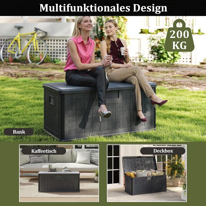 Ящик для зберігання садовий COSTWAY 378 л, водонепроникний, з кришкою на замок, для подушок та інструментів, сірий