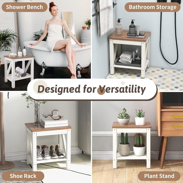 Двоярусна душова лавка GOPLUS з місцем для зберігання, душовий стілець для ванної кімнати, білий та коричневий (43 x 32 x 47 см)