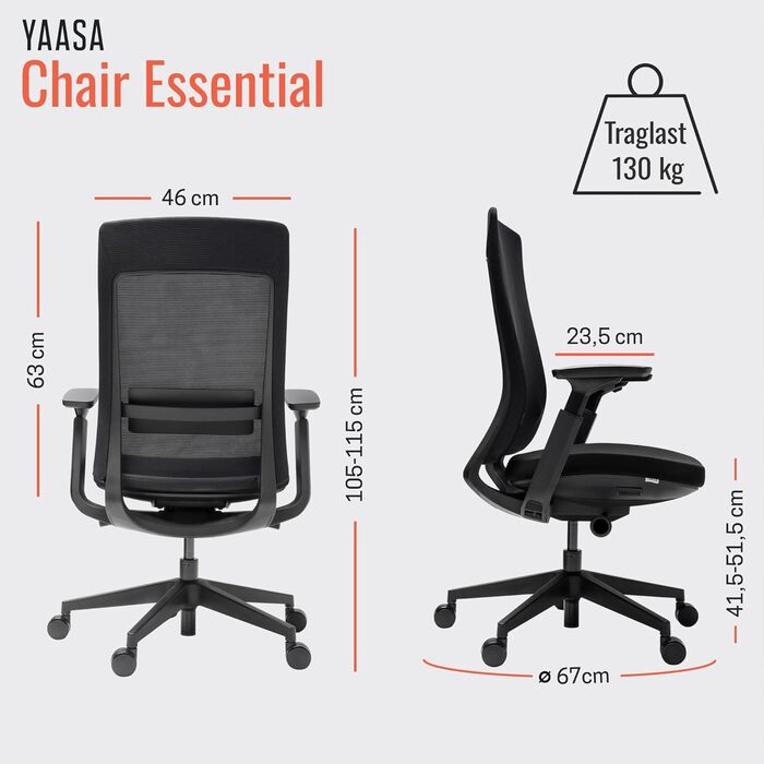 Крісло Yaasa Ergonomic – ергономічне офісне крісло з підтримкою попереку та регульованими підлокітниками – поворотне крісло з регулюванням опору спинки – для дому та офісу – 120 кг (Чорний, Essential)