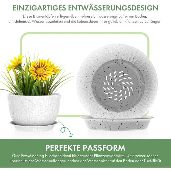 Набір горщиків для квітів з системою поливу (3 шт.), 20.3/17.8/15.2 см, горщики для рослин з піддоном, для дому та балкона, білі з чорними крапками