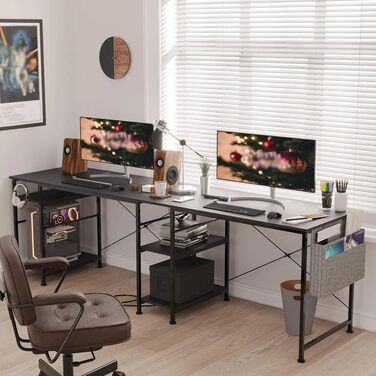 Ігровий кутовий стіл L-подібної форми з LED-підсвічуванням та розетками, 140x140 см, реверсивний комп'ютерний стіл з підставкою для монітора, 4 полиці та бічні кишені для дому та офісу (Чорний, 140x140x74 см)