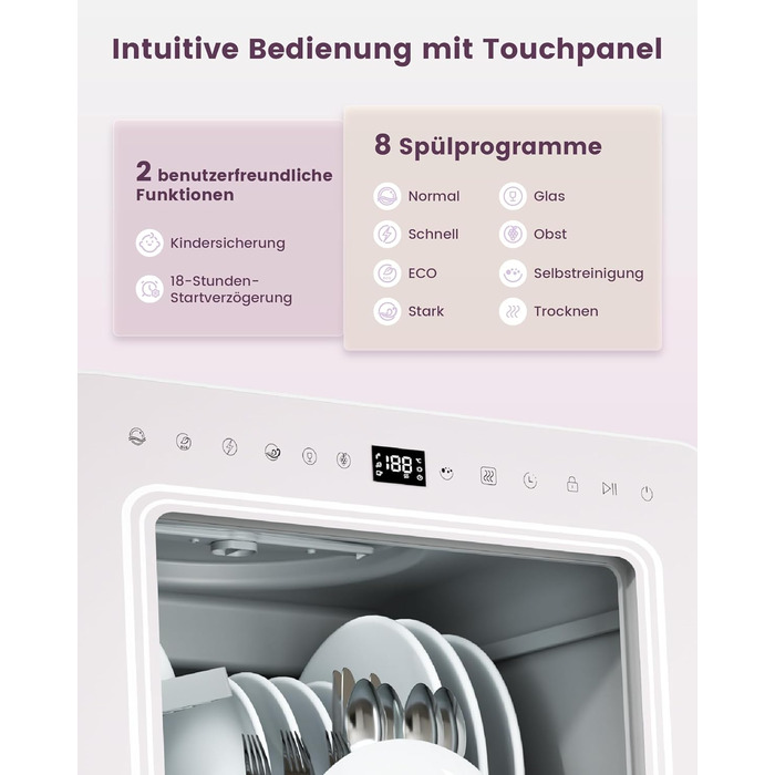 Посудомийна машина HAVA для столу з пом'якшувачем води та підвищеною енергоефективністю, 8 програм миття, блокування від дітей та відкладений старт, не потребує встановлення - ніжний лавандовий колір, TDJR09