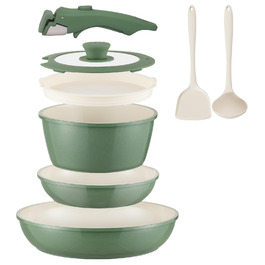 Набір каструль та сковорідок з керамічним покриттям 8 предметів з знімними ручками, сумісний з індукцією, придатний для духовки та миття в посудомийній машині, без PFAS/PFOA, кремово-білий