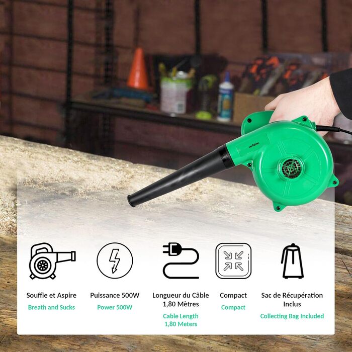 Електричний міні-листозбір Fishtec з функцією пилососа та мішком для збору листя - 500 Вт, 180 см, зелений