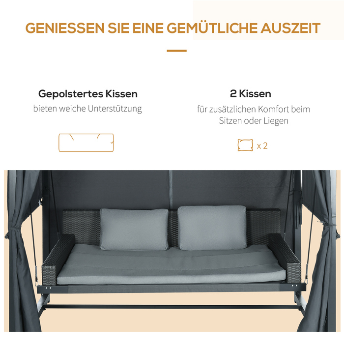 Садовий гамак-крісло з ротангу PE з балдахіном, включаючи подушки, стійкий до погодних умов, розмір 235 см x 180 см x 210 см, сірий