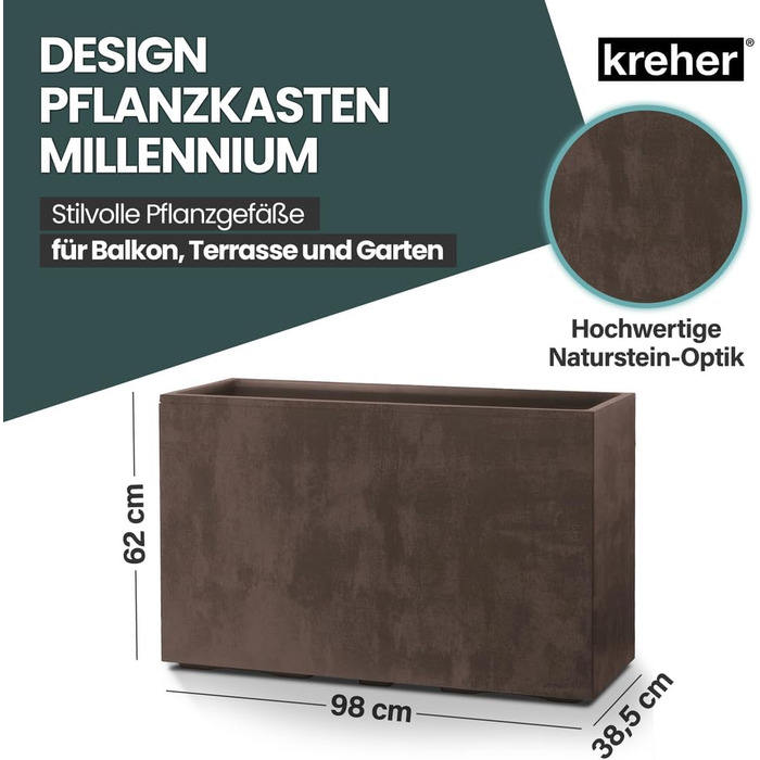 Плантатор Kreher XL Millennium: різні розміри та кольори. Імітація натурального каменю (коричневий, бежевий, антрацит, сірий). З міцного пластику. Роздільник простору (прямокутний)