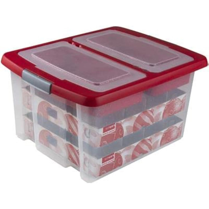 Ялинкова коробка SUNWARE Nesta 32 л з лотками для 32 іграшок (Ø70-80 мм) - прозора/червона