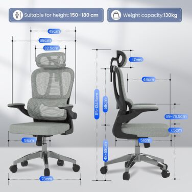 Органічний офісний стіл FLEXISPOT з 2D-підголівником, відкидними підлокітниками та динамічною поперековою підтримкою. Стілець з функцією нахилу 120° для дому, офісу та робочого кабінету (51 x 73 x 115 см, сірий)
